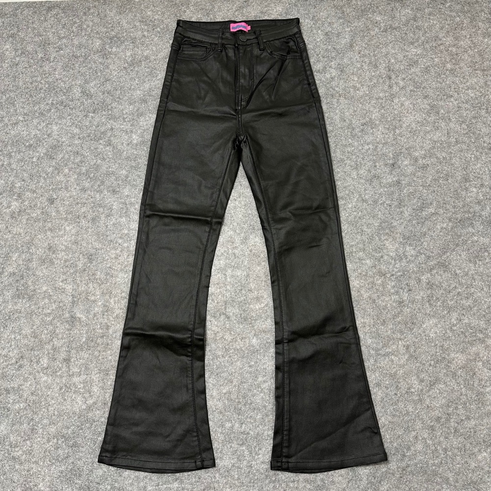 Edikted Flare Pants Womens Small Black Faux Leather Coated High Waist Y2K Retro‎